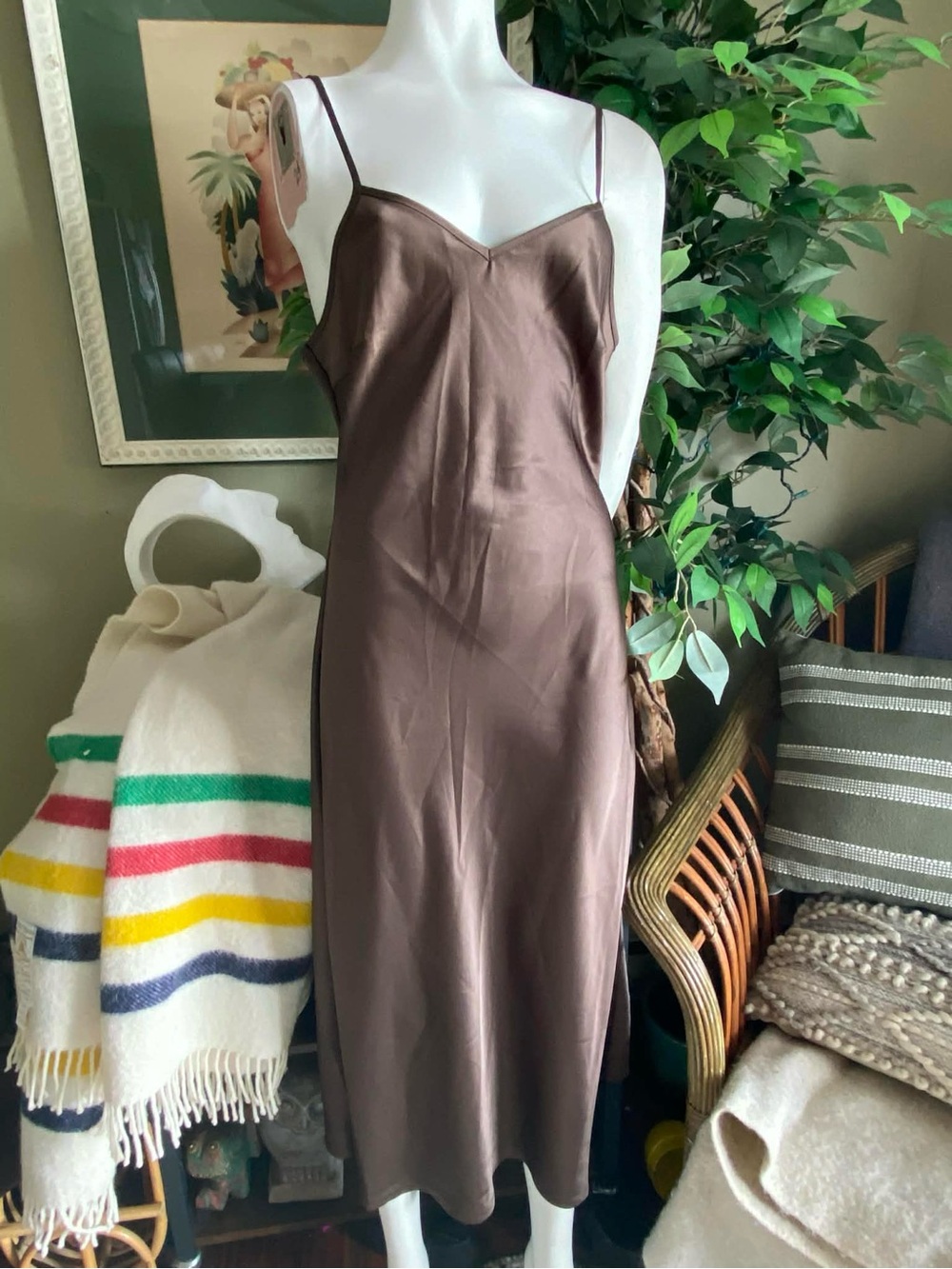 Slip Satin Midi Dress in Brown